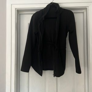 Black, athletic zip up hoodie with drawstring